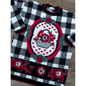 Carriage Court Black White Check Flower Basket Heart Sweater Sz L Cottagecore